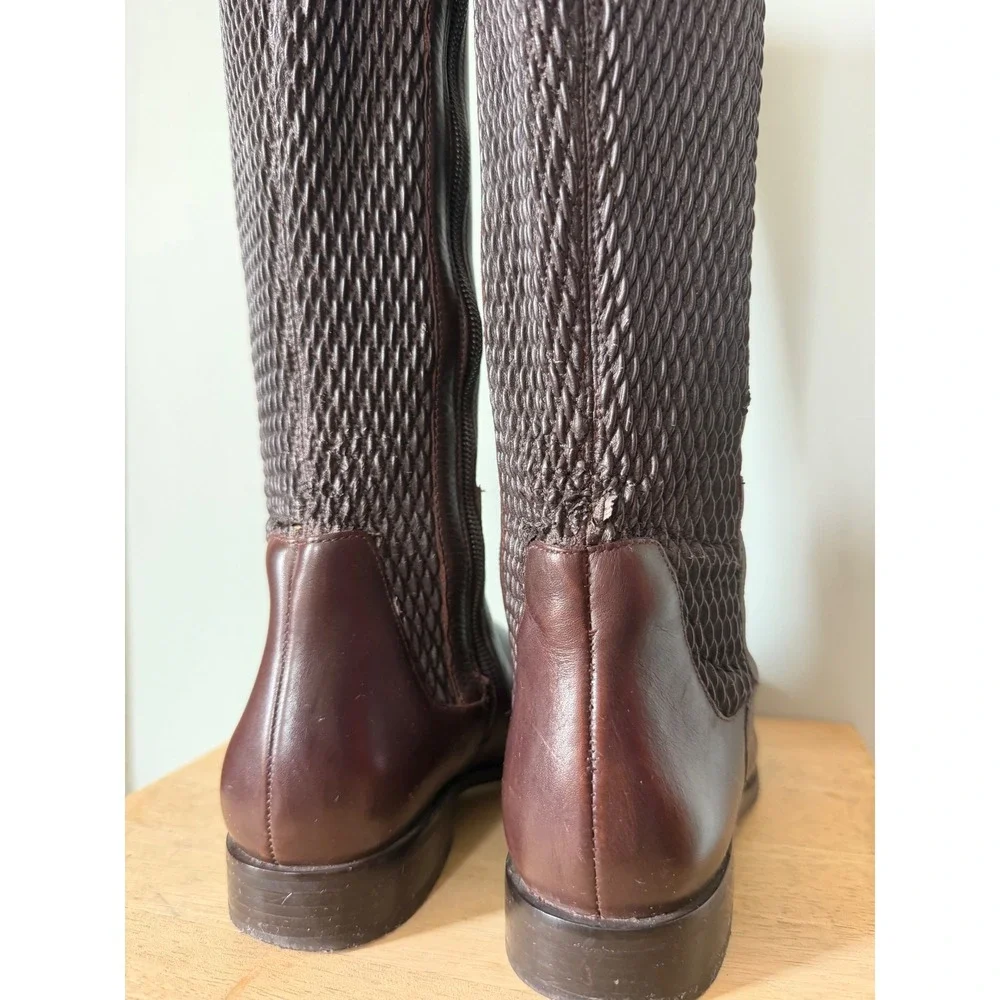 Cole Haan Rockland Brown Leather Woven Stretch Back Tall Riding Boots Size 6